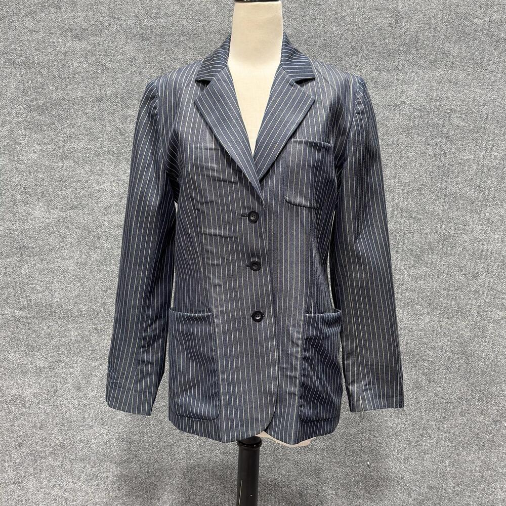 DKNY Jeans Blazer Womens 12 Blue Pinstripe Cotton 3 Button Jacket Longline Lined